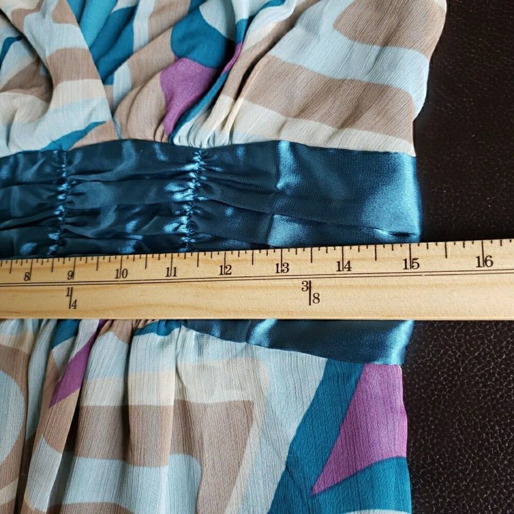 CATO Dress Sz 8 Blue Purple Geometric Psychedelic Retro Empire Waist Bell Sleeve - Picture 11 of 11